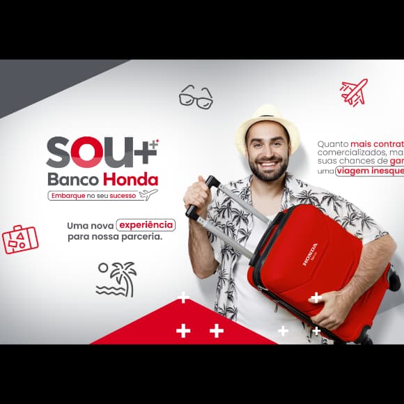 Key Visual case campanha de incentivo Sou Mais Banco Honda 2024. Mecânica viagem para destaque de vendas