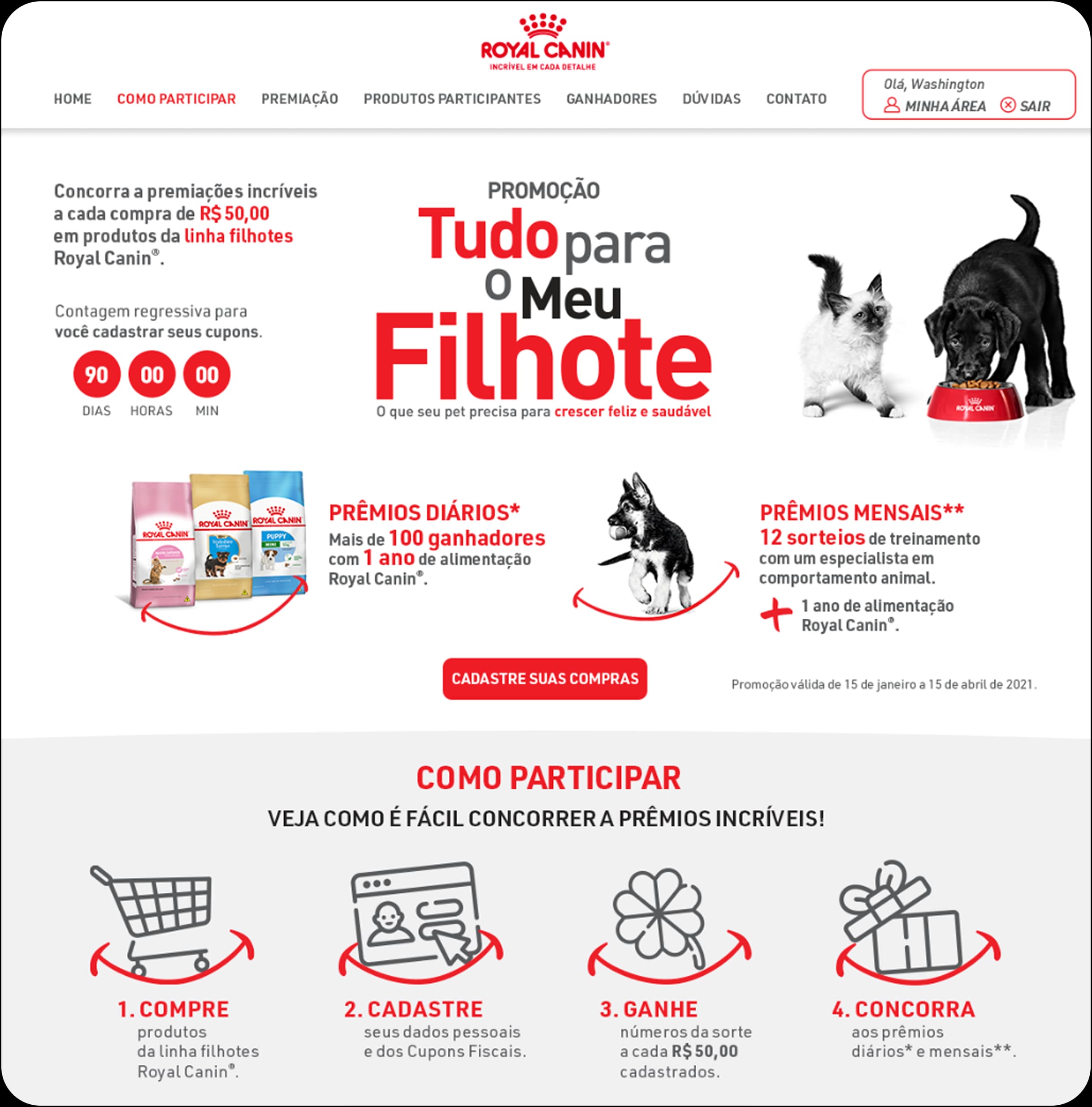 desenvolvimento do site para campanha promocional Tudo para o meu Filhote Royal Canin
