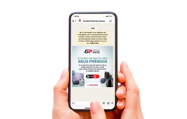 Celular com peça de comunicação da campanha GP de Vendas New City